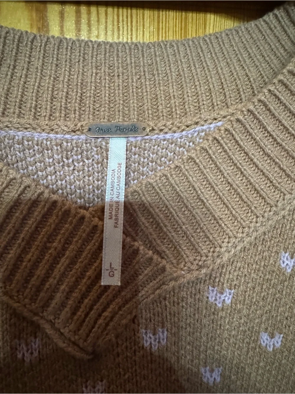 Free People Sleeveless V-Neck Knit Vest in Light Brown with Pink Accents